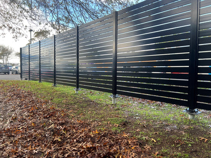 Aluminium Slat screen fencing on J Vice ground screws_ less digging